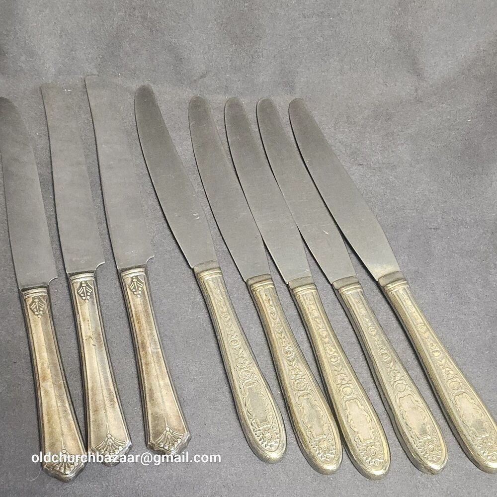 7 Vintage Silver Plated Table Dinner Knives 9”- 2 Different Patterns